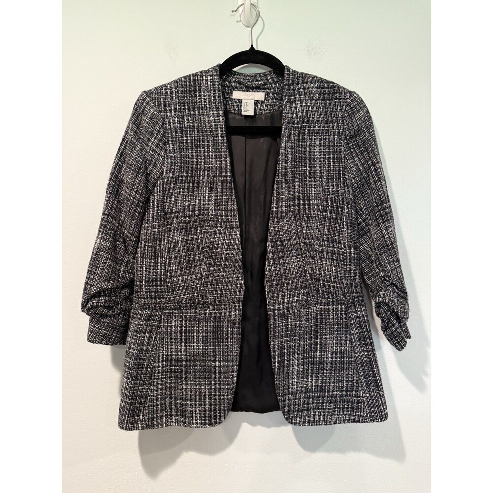 H&M 3/4 Sleeve Blazer Womens 4 Open Front Tweed Collegiate Academia Workwear